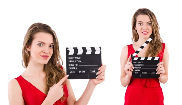 Woman holding movie clapperboard isolated on white — Stock Photo, Image