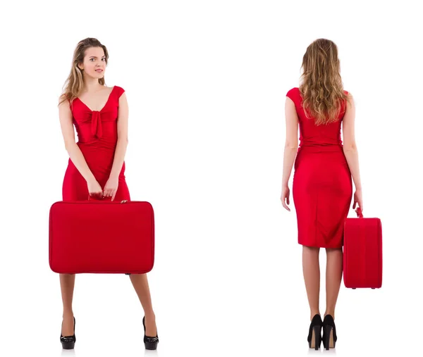 Mujer joven en vestido rojo con maleta aislada en blanco —  Fotos de Stock