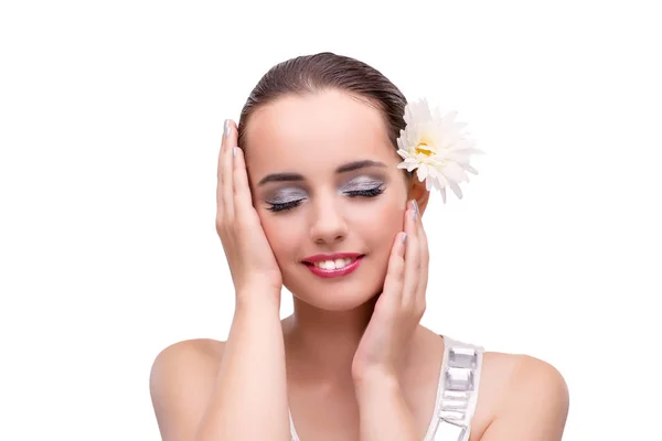 Mujer con flor aislada en blanco — Foto de Stock