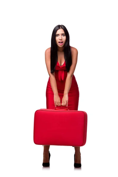 Žena s kufrem izolovaných na bílém pozadí — Stock fotografie