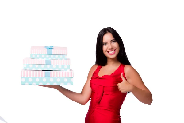 Vrouw met geschenkdoos geïsoleerd op de witte achtergrond — Stockfoto