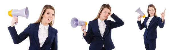 Zakenvrouw met luidspreker geïsoleerd op wit — Stockfoto