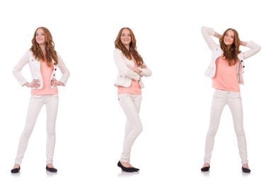 Beyaz arka planda izole edilmiş genç bir kadın