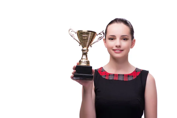 Frau mit Pokal-Auszeichnung isoliert auf weiß — Stockfoto