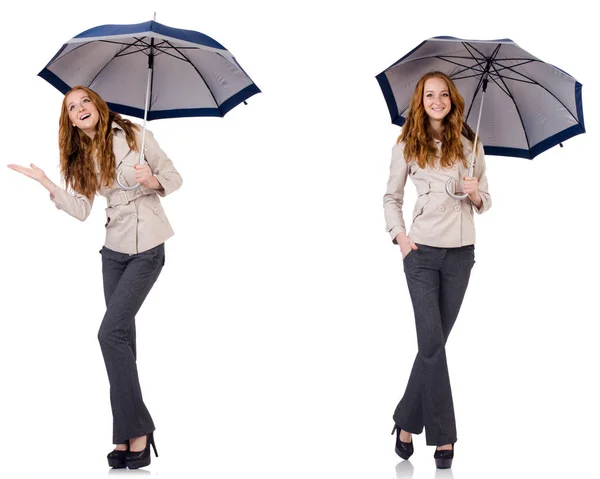 Young woman with umbrella isolated on white — Stock Photo, Image