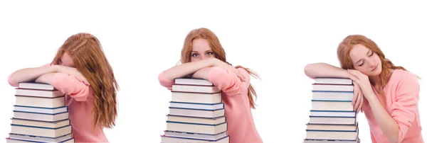 Mulher estudante com pilhas de livros — Fotografia de Stock