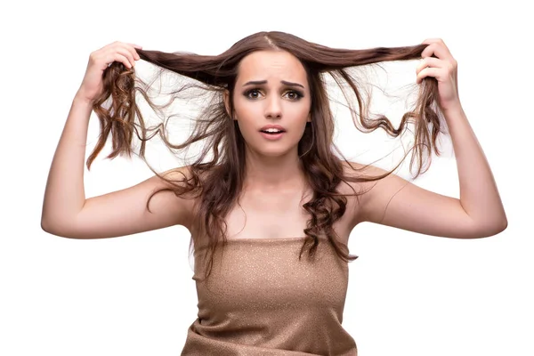 Mladá žena s vlasy izolované na bílém — Stock fotografie