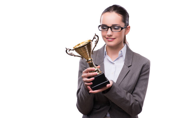 Businesswoman with cup trophy isolated on white