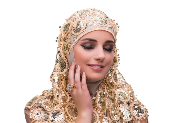 Muslimische Frau in goldenem Einband isoliert auf weiß — Stockfoto