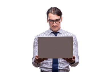 Yakışıklı işadamı wh izole dizüstü bilgisayar ile çalışma