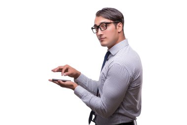 Yakışıklı işadamı cep telefonu üzerinde beyaz izole ile çalışma