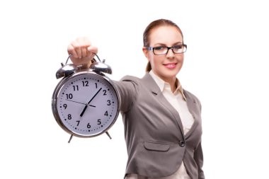 İle dev çalar saat üzerinde beyaz izole işkadını