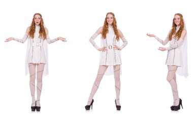 Beyaz tenli, açık renkli, büyüleyici elbiseli güzel bayan.