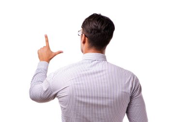 Genç yakışıklı işadamı beyaz izole düğmelere basarak