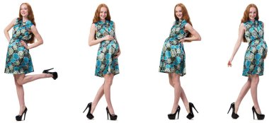 Karmaşık görüntülü hamile kadın beyazda izole edilmiş.