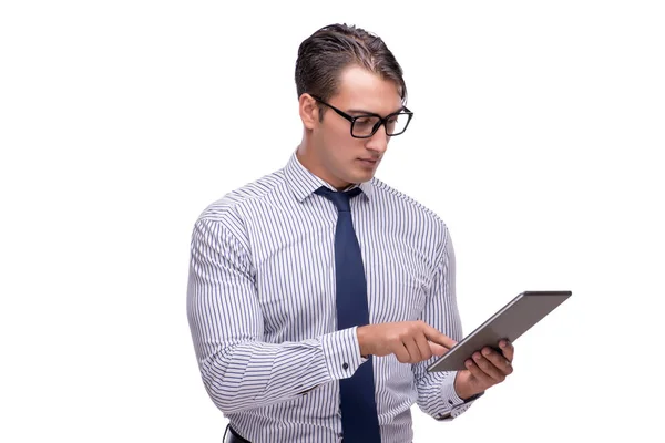 Hombre de negocios guapo que trabaja con Tablet PC aislado en wh — Foto de Stock