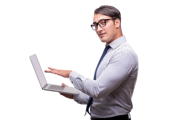 Beau homme d'affaires travaillant avec ordinateur portable isolé sur wh — Photo