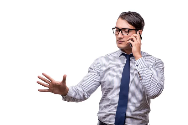 Hombre de negocios guapo trabajando con teléfono móvil aislado en blanco — Foto de Stock