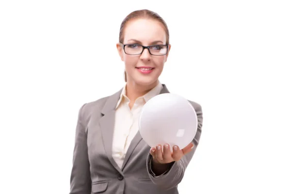 Γυναίκα που κρατά μπάλα κρύσταλλος που απομονώνονται σε λευκό — Φωτογραφία Αρχείου
