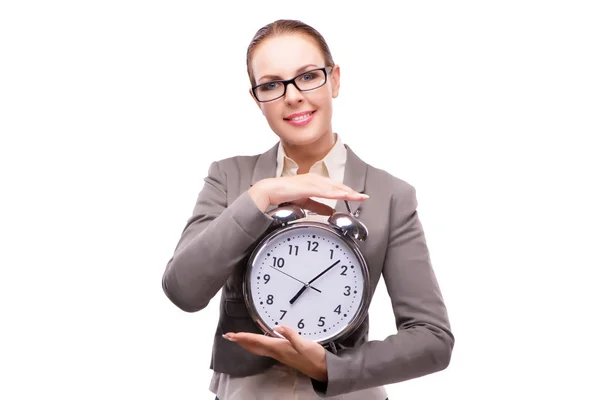 Mujer de negocios con reloj despertador gigante aislado en blanco —  Fotos de Stock