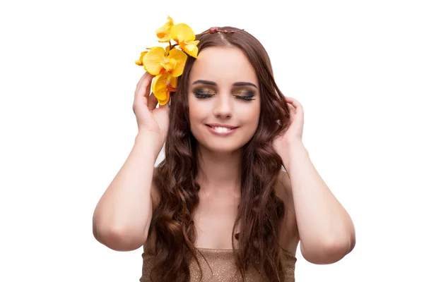 Jovem com flor de orquídea isolada em branco — Fotografia de Stock