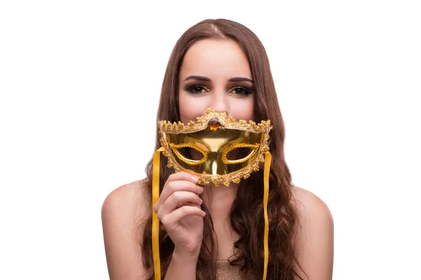 Mladá žena s maskou izolované na bílém — Stock fotografie