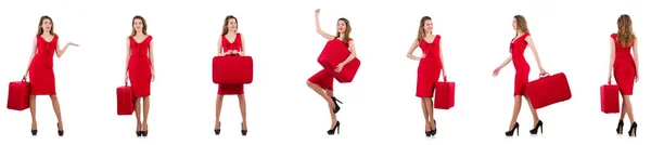 Piros ruhás bőrönddel elszigetelt fehér fiatal nő — Stock Fotó