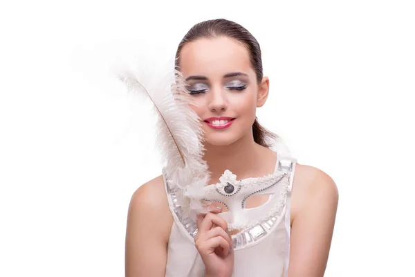 Jeune femme avec masque de carnaval isolé sur blanc — Photo