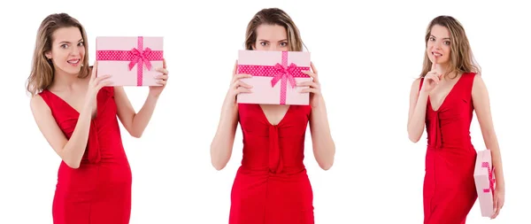 Pretty girl holding gift box isolated on white — Stock Photo, Image