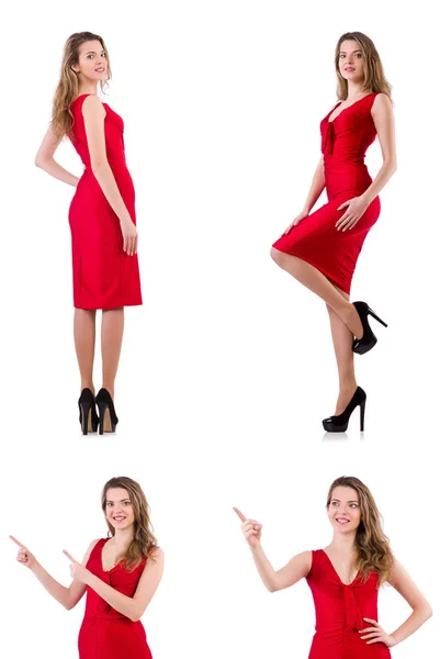 Young woman in red dress isolated on white — Stock Photo, Image