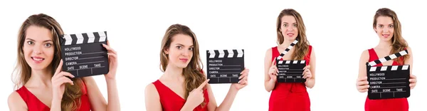 Kvinna innehav film clapperboard isolerad på vit — Stockfoto