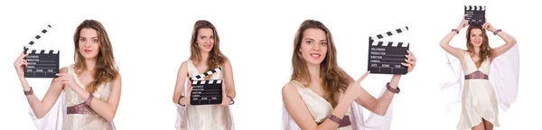 Ancient goddess with clapperboard  isolated on white — Stock Photo, Image