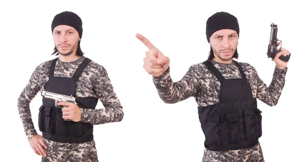 Soldat mit Waffe isoliert auf weiß — Stockfoto