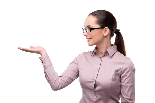 Businesswoman holding hands isolated on white — Stock Photo, Image