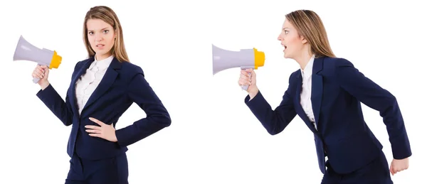 Mujer de negocios con altavoz aislado en blanco — Foto de Stock