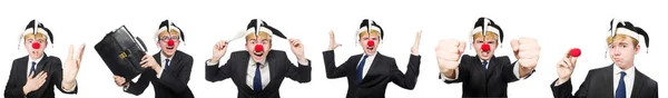 Collage di clown uomo d'affari isolato su bianco — Foto Stock