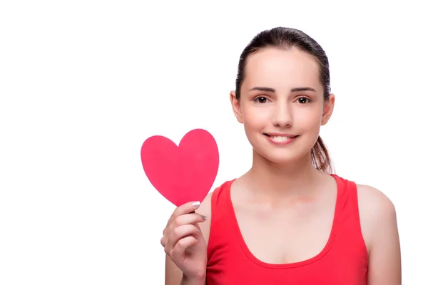 Giovane donna a forma di cuore isolato su bianco — Foto Stock