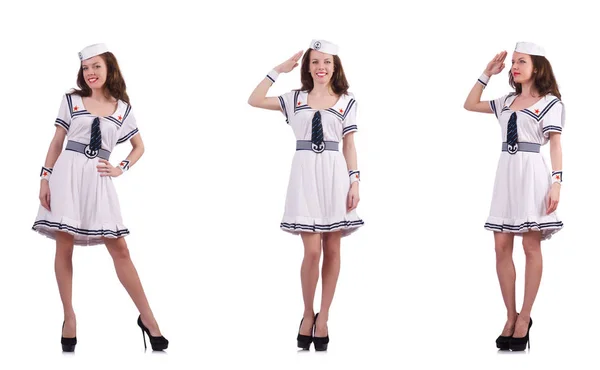 Collage av kvinna sjöman isolerad på vitt — Stockfoto