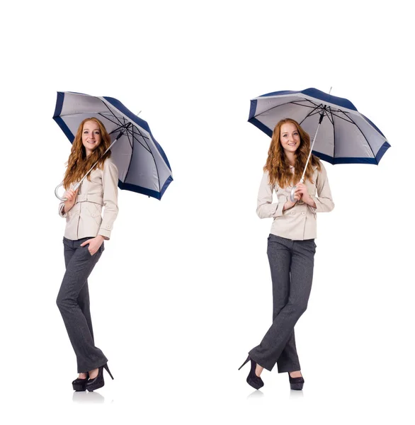 Young woman with umbrella isolated on white — Stock Photo, Image