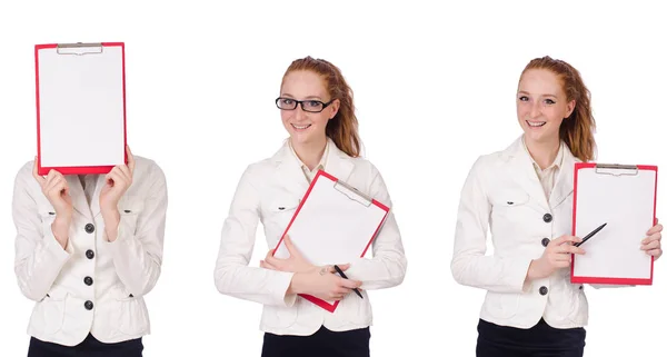 Femme d'affaires avec papier isolée sur blanc — Photo