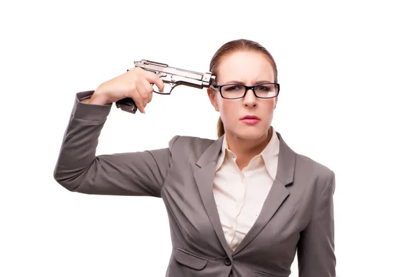 Businesswoman with handgun isolated on white Stock Picture