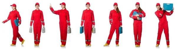 Woman in red overalls isolated on white — Stock Photo, Image