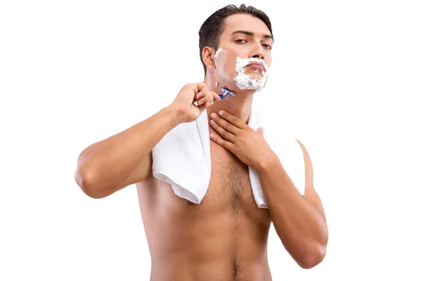 Handsome man shaving isolated on white background — Stock Photo, Image