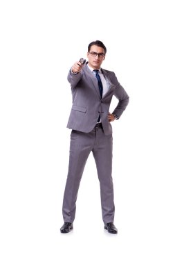 Agresif iş Yöneticisi üzerinde beyaz izole tabanca ile