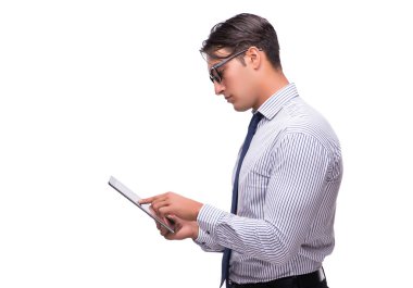 Tablet bilgisayarıyla beyaz izole iş adamı
