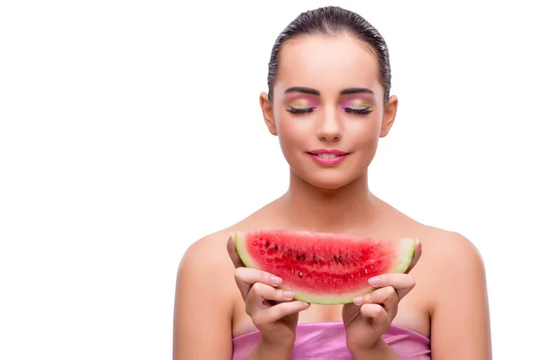 Woman with watermelon slice isolated on white — Stock Photo, Image