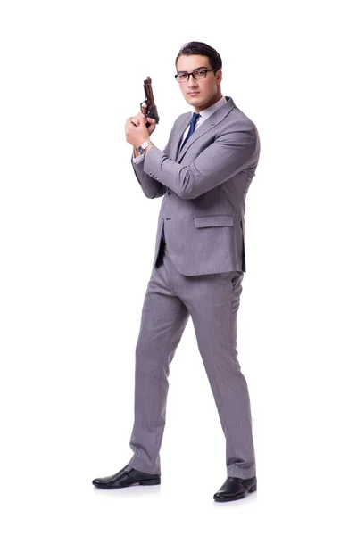 Agressieve business manager met pistool geïsoleerd op wit — Stockfoto