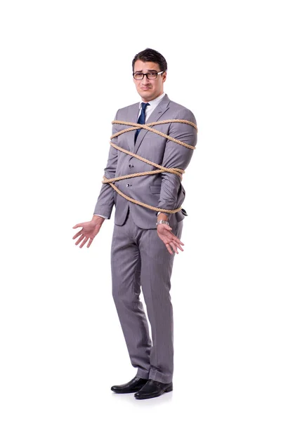 Бізнесмен зв'язаний мотузкою ізольовано на білому — стокове фото
