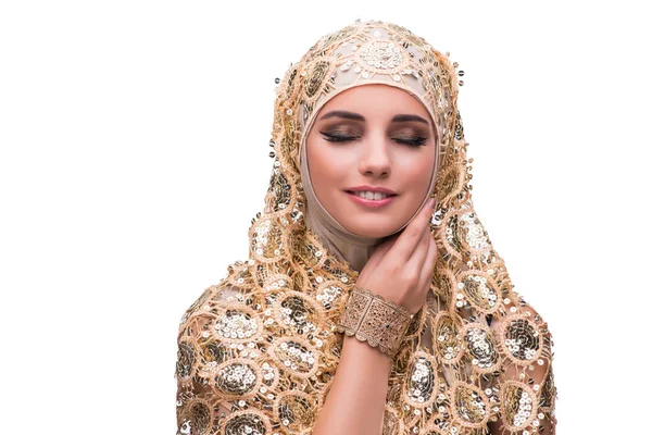 ゴールド カバー白で隔離のイスラム教徒の女性 — ストック写真