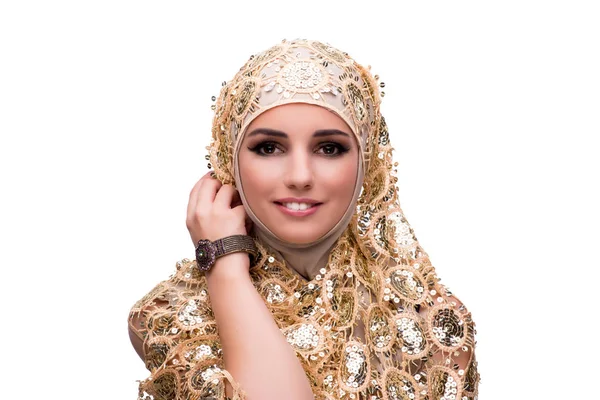 Donna musulmana nel concetto di moda isolato su bianco — Foto Stock